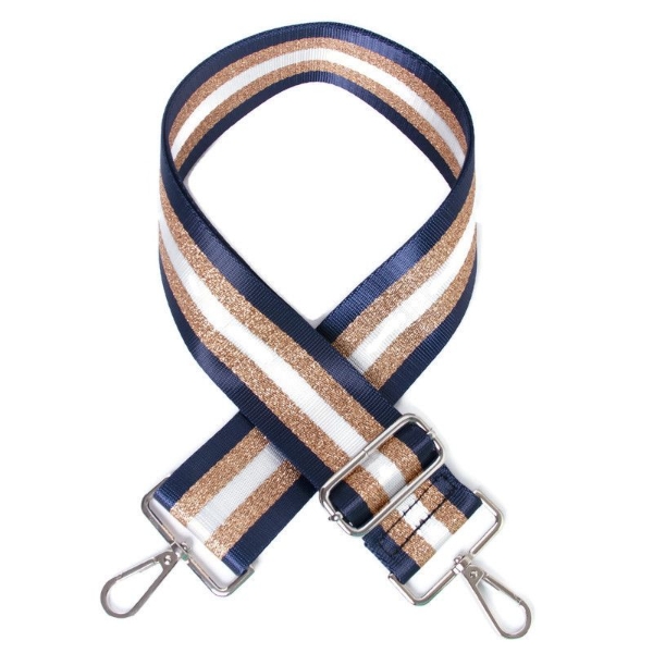 canvas-navy-gold-white-striped-bag-strap-silver-finish