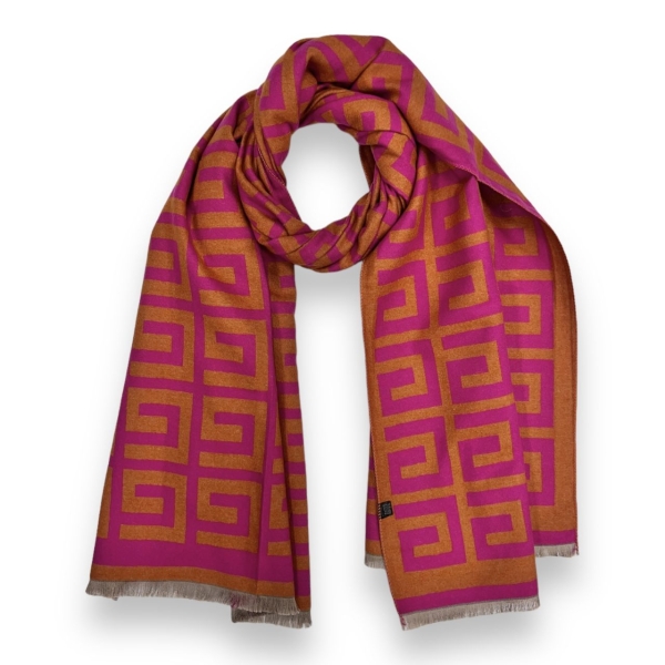 wool-blend-reversible-maze-print-scarf-orange-cerise