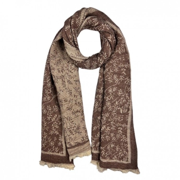 wool-mix-mini-leaf-print-pleated-reversible-scarf-brown