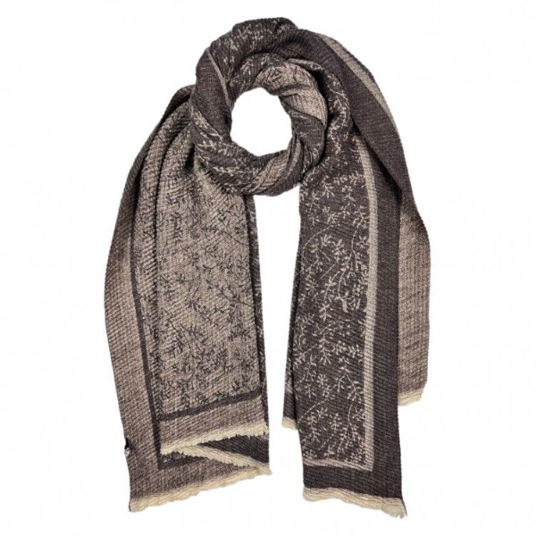 wool-mix-mini-leaf-print-pleated-reversible-scarf-tan