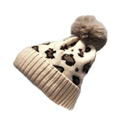 Cashmere Blend Leopard Print  Faux Fur Bobble Hat