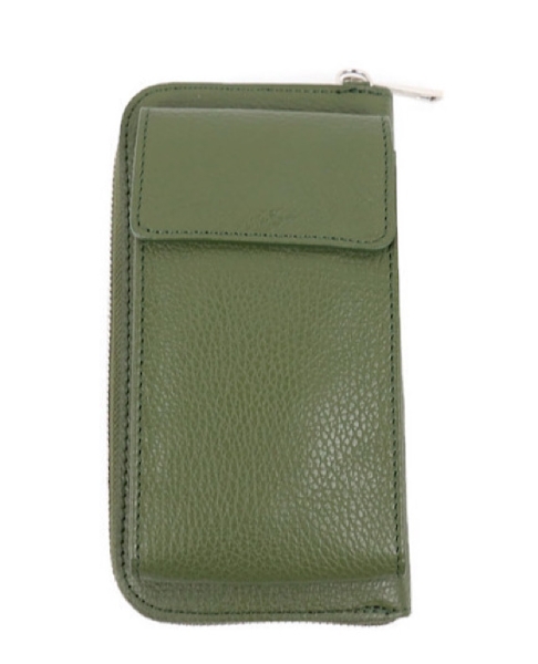 italian-leather-phone-purse-crossbody-bag-silver-finish-olive-green